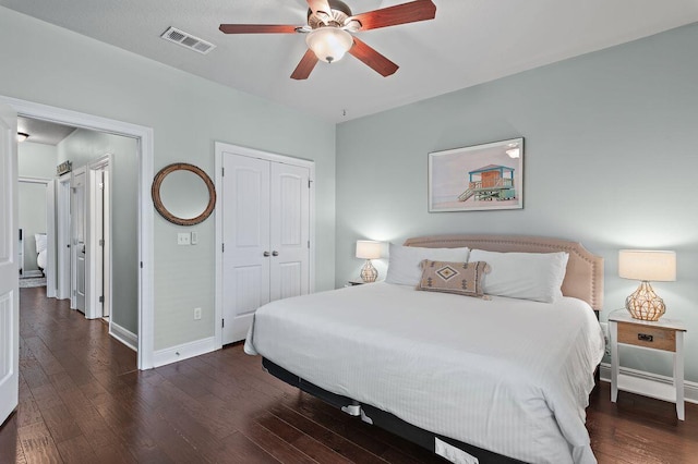 bedroom featuring ceiling fan, dark wood-type flooring, and a closet