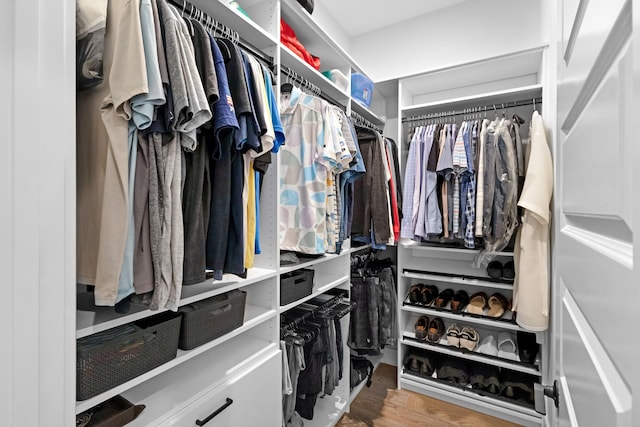 walk in closet with hardwood / wood-style floors