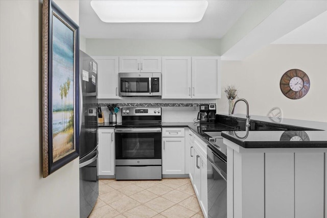 kitchen with sink, kitchen peninsula, decorative backsplash, white cabinets, and black appliances