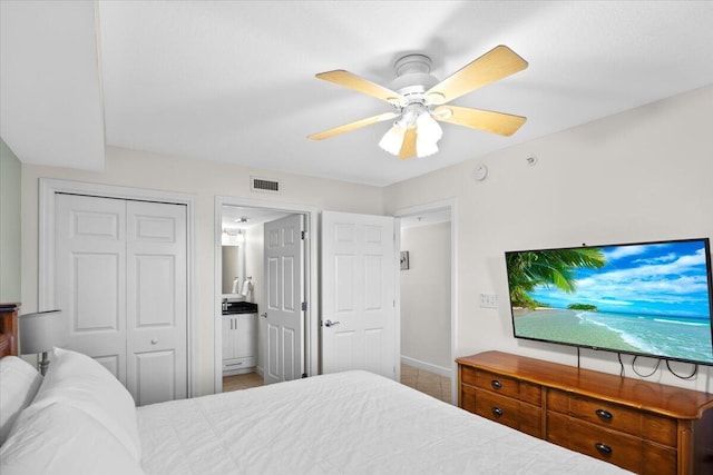 bedroom with connected bathroom, a closet, and ceiling fan