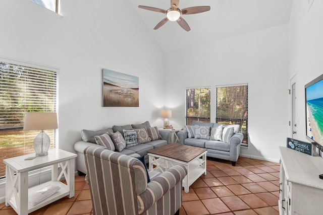 tiled living room featuring ceiling fan, plenty of natural light, and high vaulted ceiling