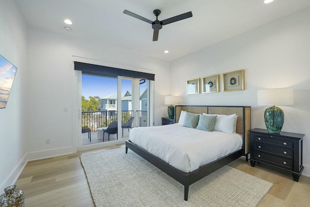 bedroom featuring ceiling fan, access to outside, and light hardwood / wood-style flooring