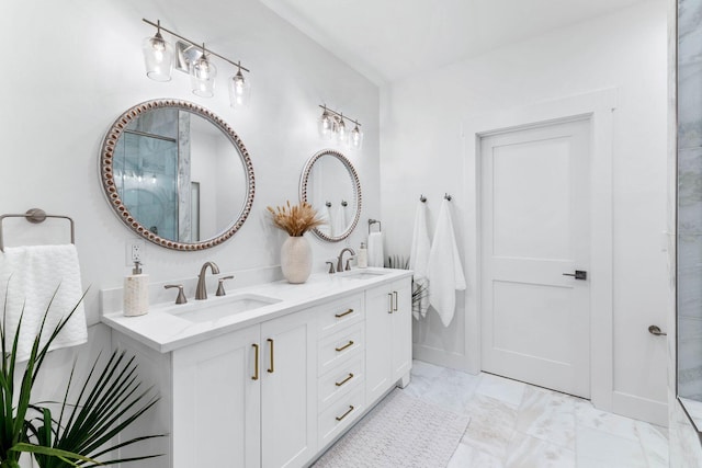 34 Buddy St, Santa Rosa Beach, FL 32459 - full bath with marble look tiles, double vanity, and a shower with door