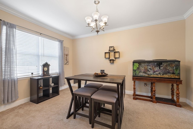 carpeted dining area featuring ornamental molding and a chandelier