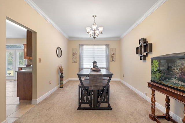 dining area with crown molding, light colored carpet, and a healthy amount of sunlight