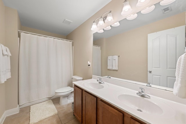 bathroom featuring tile patterned flooring, vanity, a shower with shower curtain, and toilet