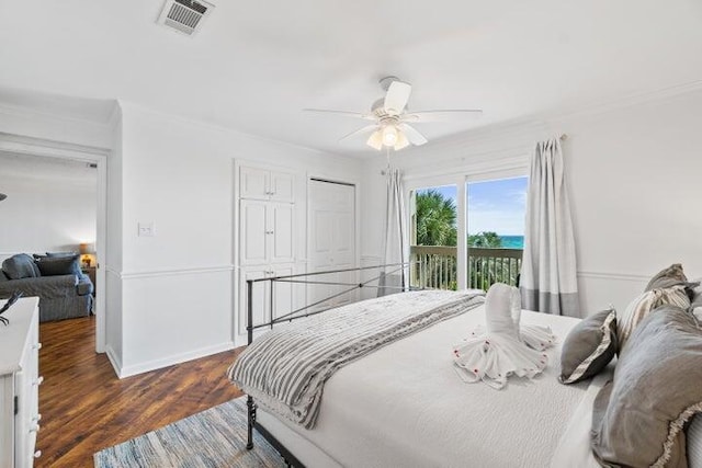 bedroom featuring access to exterior, ceiling fan, dark hardwood / wood-style floors, and ornamental molding