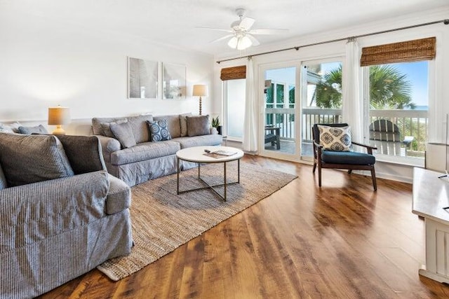 living room featuring hardwood / wood-style flooring and ceiling fan