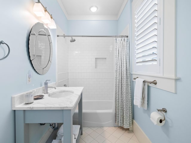 bathroom with tile patterned floors, shower / bath combination with curtain, and vanity