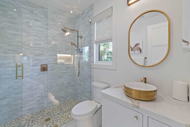 bathroom with vanity, toilet, and walk in shower