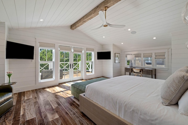 bedroom featuring vaulted ceiling with beams, wood-type flooring, wooden walls, and french doors