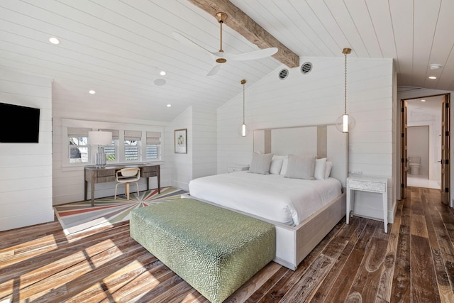 bedroom with hardwood / wood-style flooring, vaulted ceiling with beams, ceiling fan, and wood ceiling