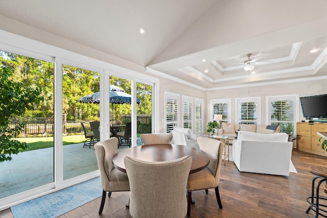 sunroom / solarium featuring ceiling fan and lofted ceiling