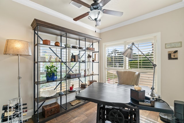 office space with ceiling fan, ornamental molding, and hardwood / wood-style flooring