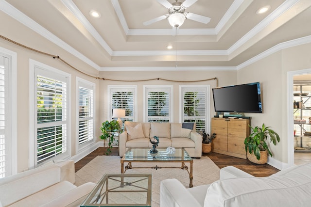 living room featuring hardwood / wood-style flooring, a raised ceiling, and crown molding