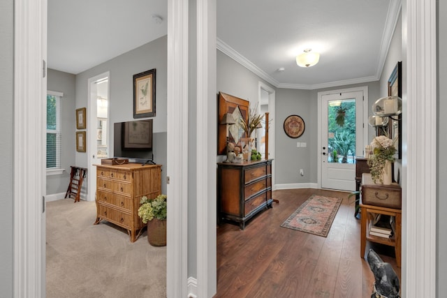 foyer with hardwood / wood-style flooring and ornamental molding