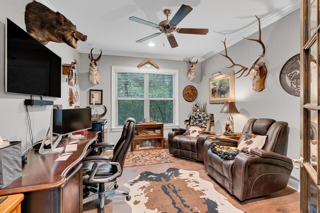 office area with ceiling fan, light hardwood / wood-style floors, and ornamental molding