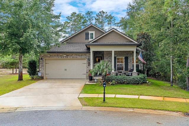 craftsman-style house featuring a porch, a garage, and a front lawn