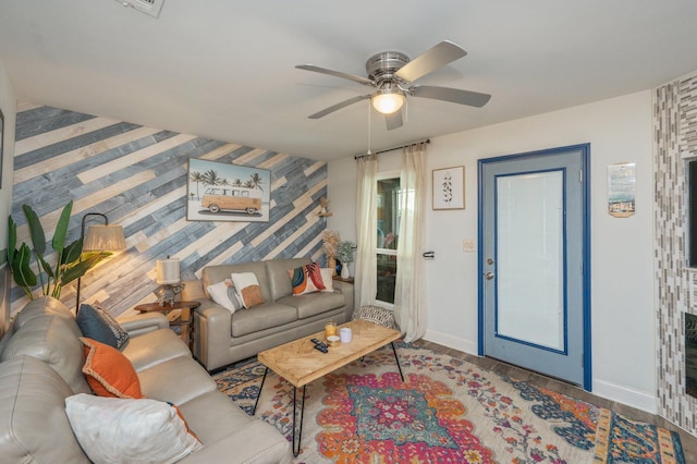 living room with ceiling fan