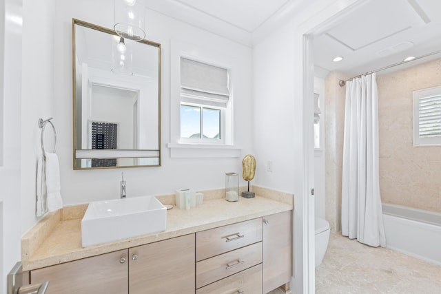 full bathroom with plenty of natural light, toilet, vanity, and shower / tub combo with curtain