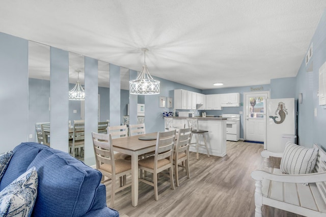 dining area with light hardwood / wood-style flooring and a textured ceiling