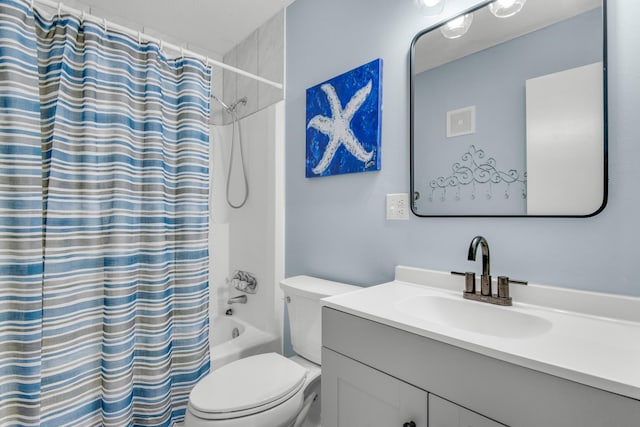 full bathroom with shower / bathtub combination with curtain, vanity, and toilet