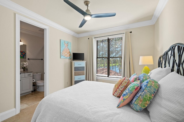 bedroom featuring ensuite bath, ceiling fan, light carpet, and ornamental molding