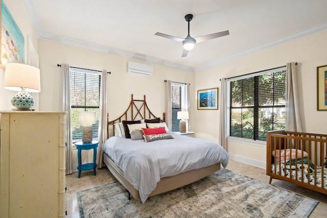 bedroom featuring ceiling fan, crown molding, a wall mounted AC, and multiple windows