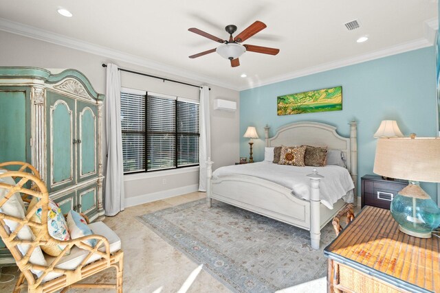 bedroom featuring ceiling fan, ornamental molding, and a wall mounted AC