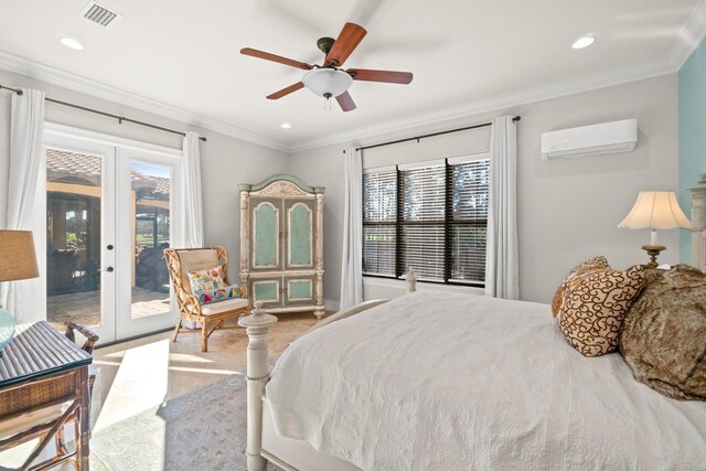 bedroom with access to exterior, french doors, an AC wall unit, and multiple windows