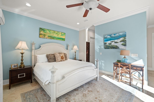 bedroom with ceiling fan, ornamental molding, and light carpet