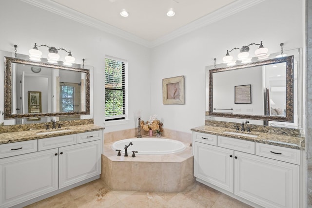 bathroom with crown molding, vanity, and a relaxing tiled tub