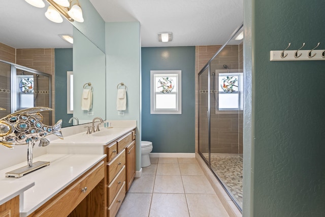 bathroom with tile patterned floors, vanity, toilet, and walk in shower