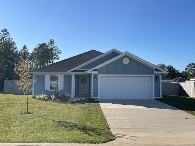 ranch-style house with a front yard and a garage