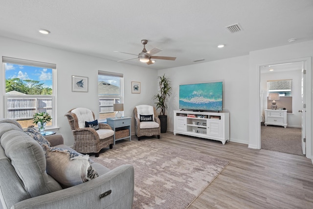 living room with ceiling fan and wood-type flooring