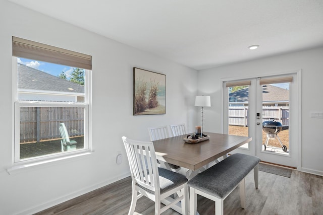 dining space featuring french doors, hardwood / wood-style flooring, and plenty of natural light