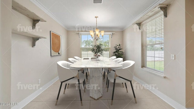 dining room with light tile patterned flooring, a notable chandelier, crown molding, and baseboards