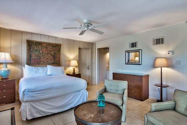 bedroom featuring ceiling fan and light tile patterned flooring