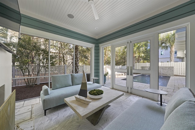 sunroom featuring wooden ceiling