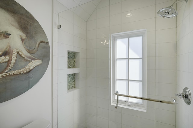 bathroom featuring a shower with shower door