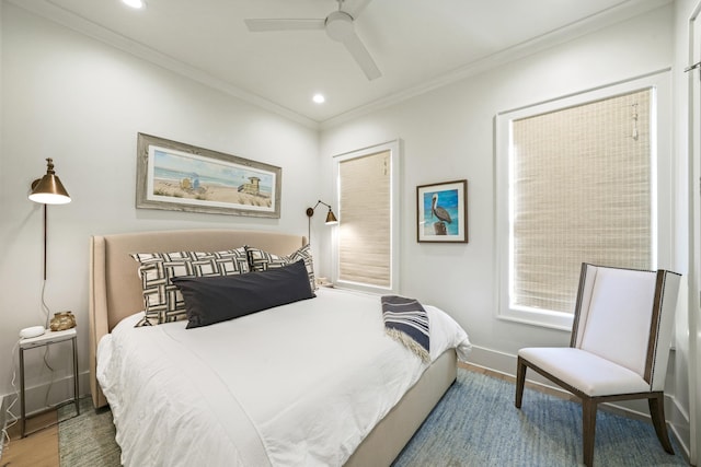 bedroom with recessed lighting, wood finished floors, a ceiling fan, ornamental molding, and baseboards