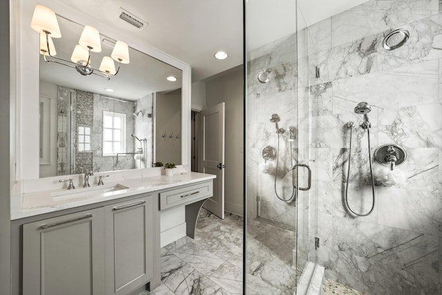 full bathroom with visible vents, marble finish floor, vanity, and a marble finish shower