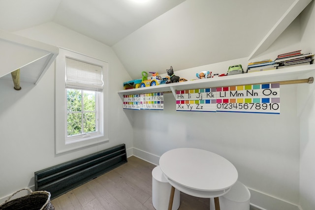 interior space with lofted ceiling, wood finished floors, and baseboards