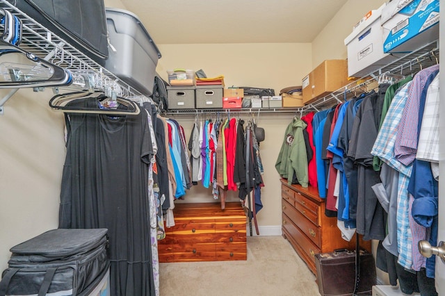 walk in closet with light colored carpet