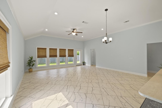 unfurnished living room featuring ceiling fan with notable chandelier, ornamental molding, and lofted ceiling