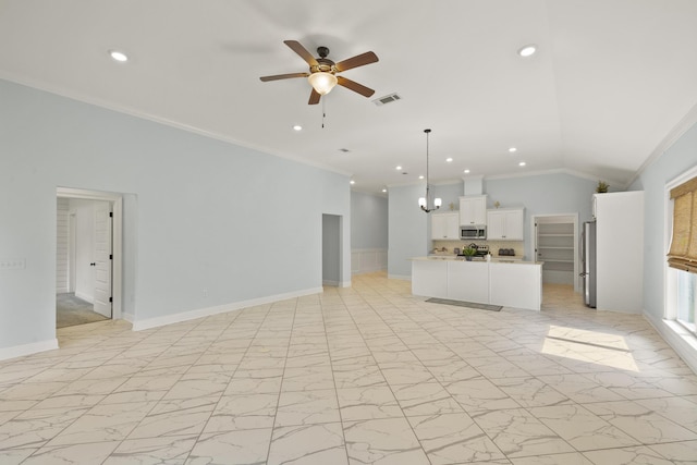 unfurnished living room featuring crown molding, ceiling fan, and vaulted ceiling