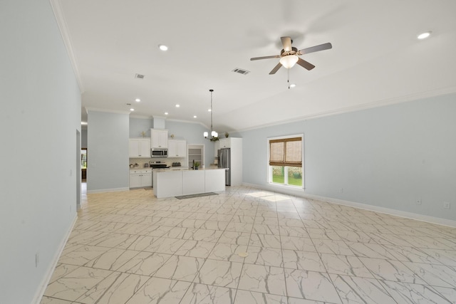 unfurnished living room with ceiling fan and crown molding