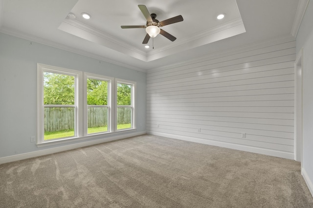 empty room featuring a raised ceiling, crown molding, and light colored carpet