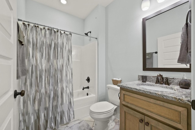 full bathroom featuring tile patterned floors, vanity, toilet, and shower / bathtub combination with curtain