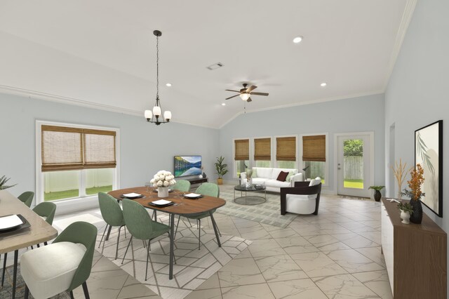 dining area featuring ceiling fan with notable chandelier, lofted ceiling, crown molding, and a healthy amount of sunlight